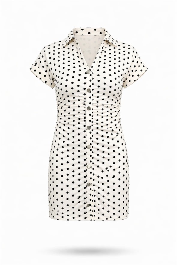 Ekru Beli Büzgülü Puantiyeli Elbise 86252