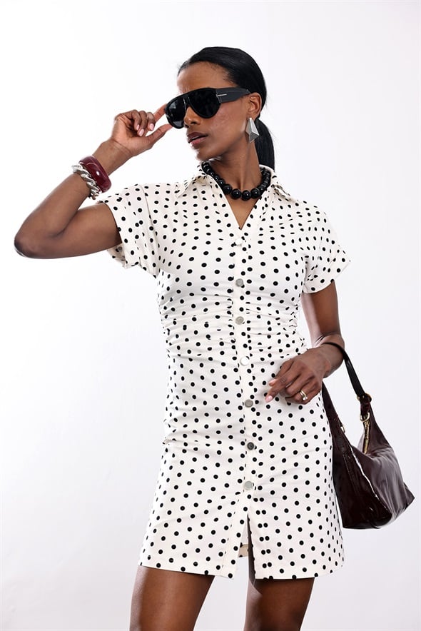 Ekru Beli Büzgülü Puantiyeli Elbise 86252