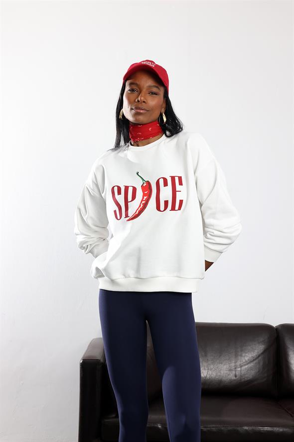 Ekru Biber Baskılı Oversize Sweatshirt 01734