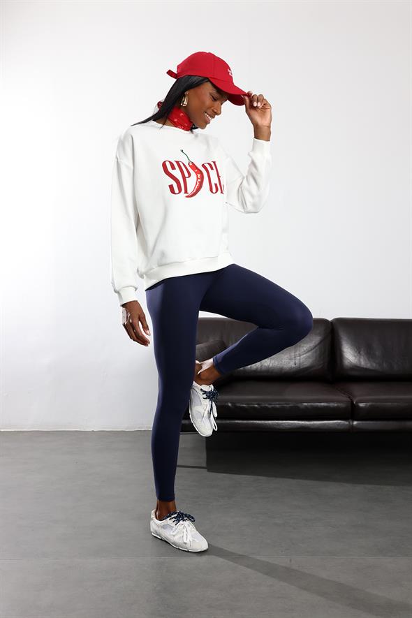 Ekru Biber Baskılı Oversize Sweatshirt 01734