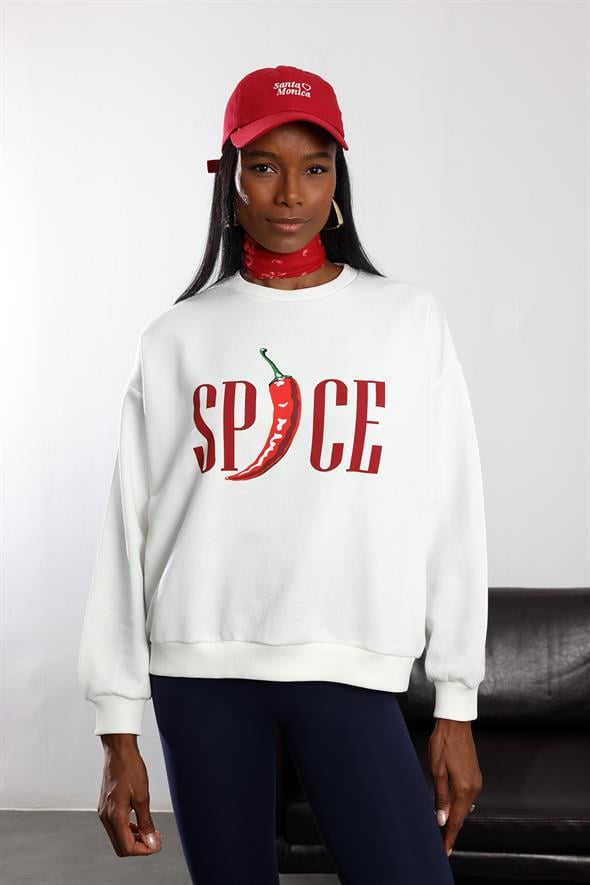 Ekru Biber Baskılı Oversize Sweatshirt 01734