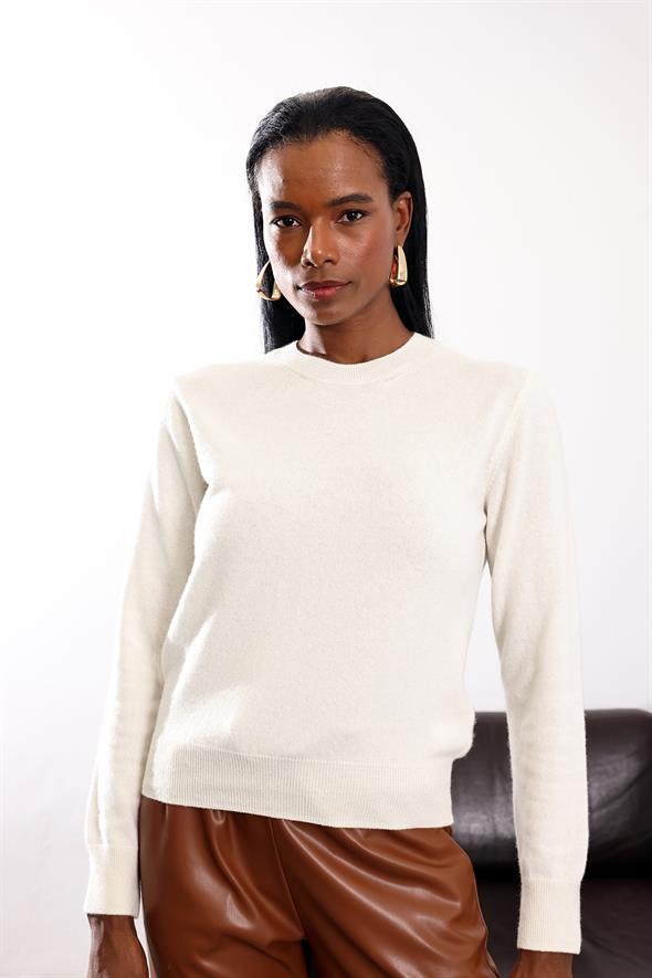 Ekru Bisiklet Yaka Kaşmir Basic Triko 