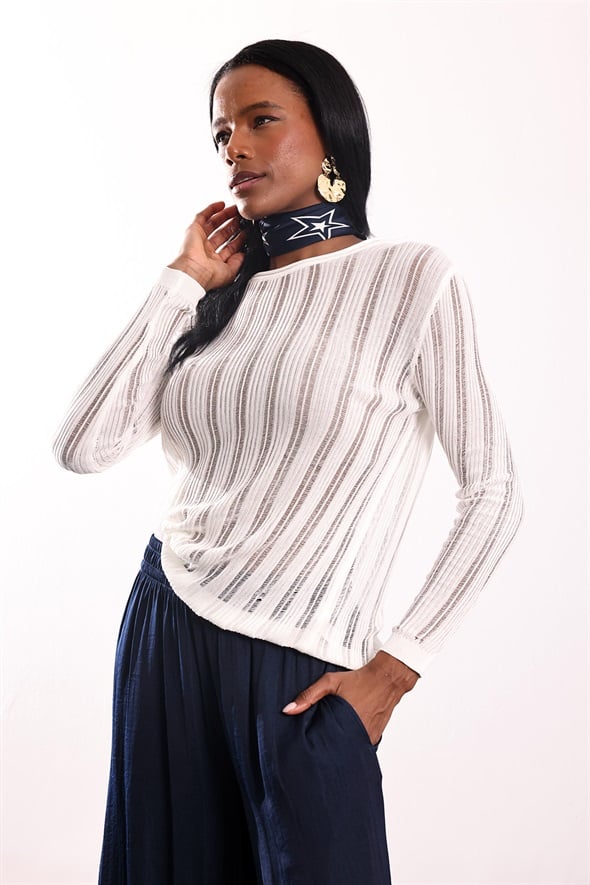 Ekru Bisiklet Yaka Transparan Triko 251327