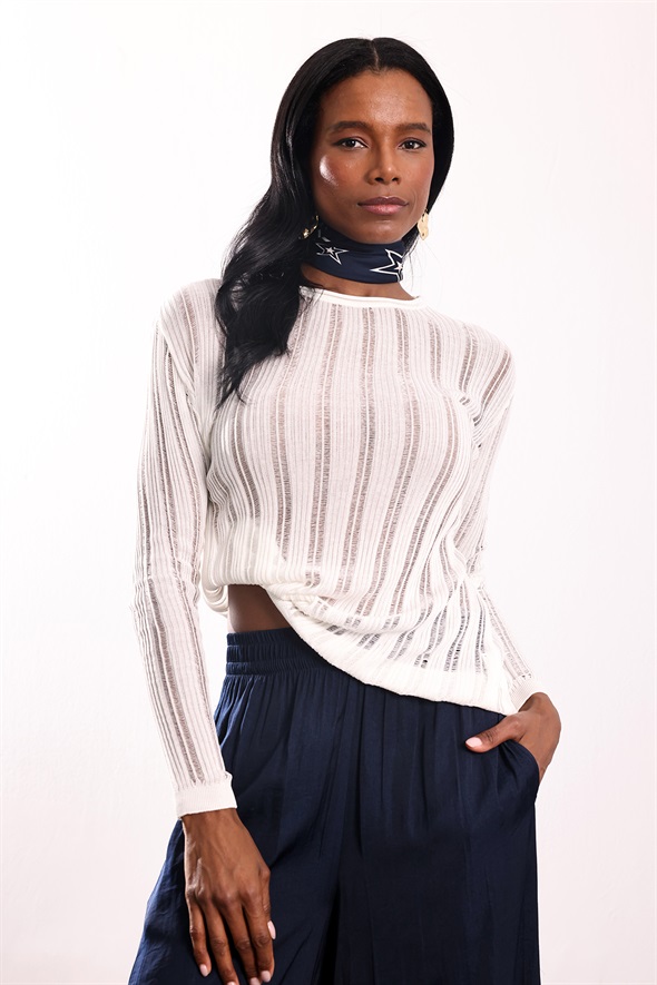 Ekru Bisiklet Yaka Transparan Triko 251327