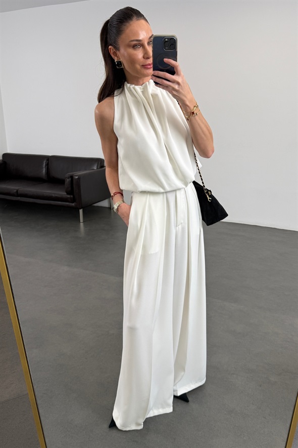 Ekru Büzgü Detaylı Bluz Pantolon Takım 0011-0028