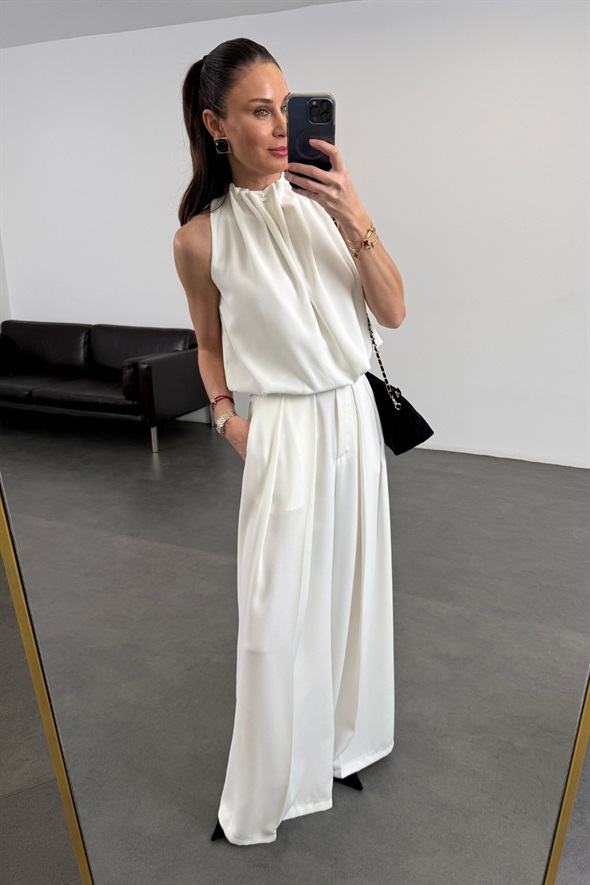 Ekru Büzgü Detaylı Bluz Pantolon Takım 0011-0028