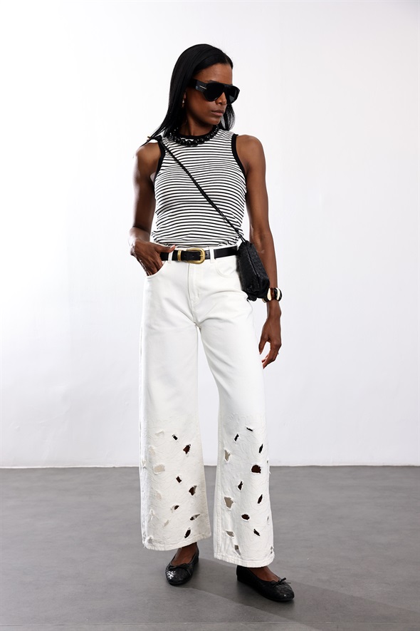 Ekru Çiçek İşlemeli Wide Leg Jean 8272