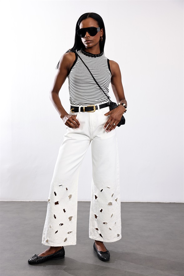 Ekru Çiçek İşlemeli Wide Leg Jean 8272