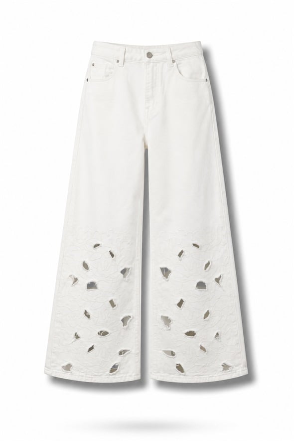 Ekru Çiçek İşlemeli Wide Leg Jean 8272