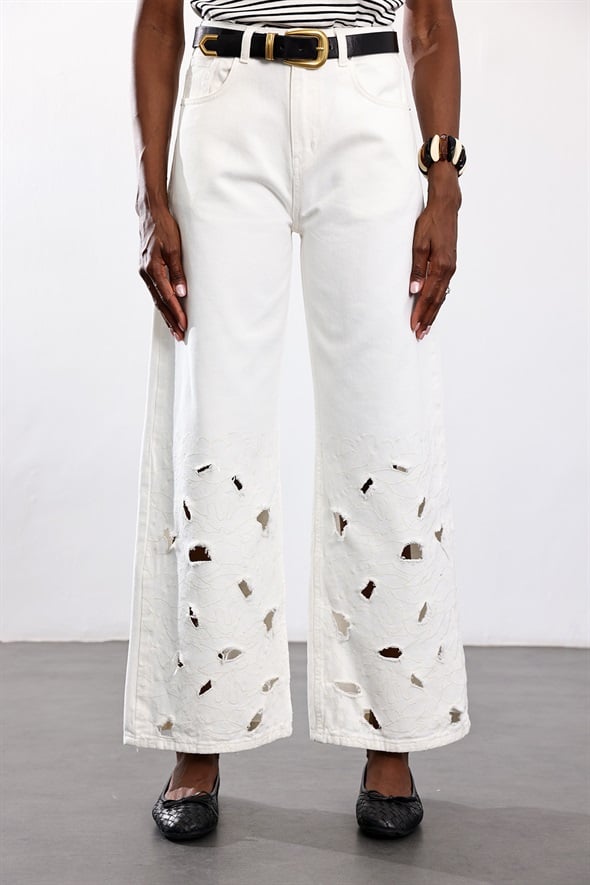 Ekru Çiçek İşlemeli Wide Leg Jean 8272