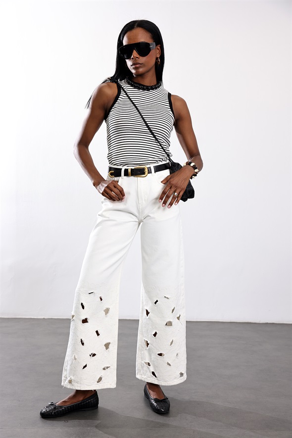 Ekru Çiçek İşlemeli Wide Leg Jean 8272