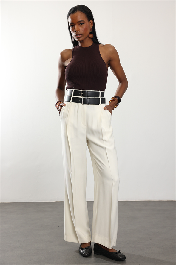 Ekru Çift Kemerli Rahat Kesim Pantolon 1450
