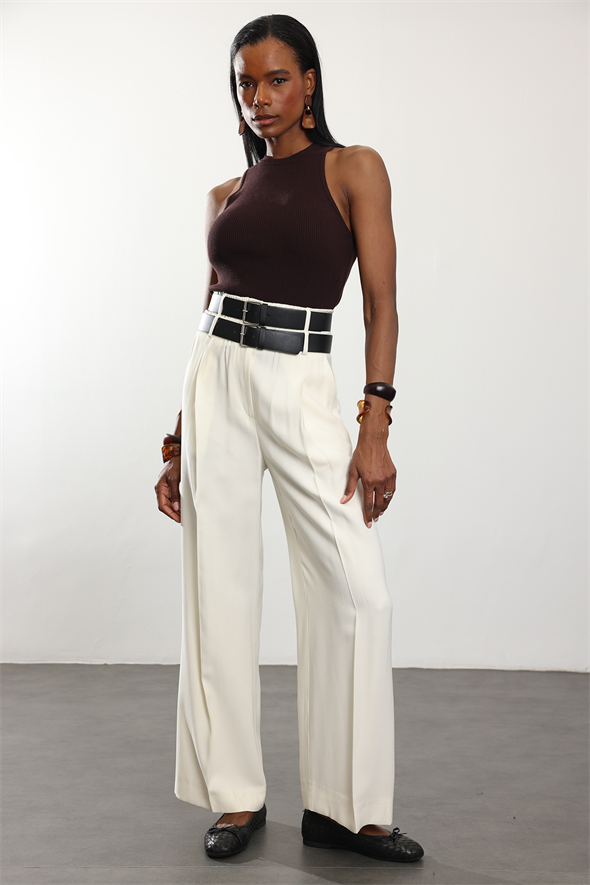 Ekru Çift Kemerli Rahat Kesim Pantolon 1450