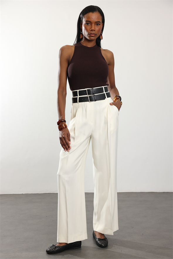 Ekru Çift Kemerli Rahat Kesim Pantolon 1450