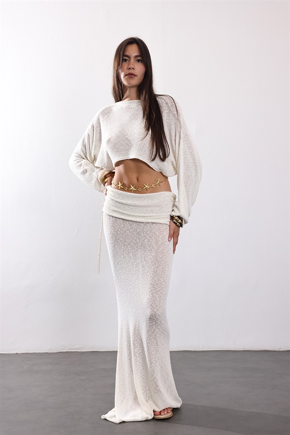 Ekru Crop Bluz Etek Merserize Takım 030