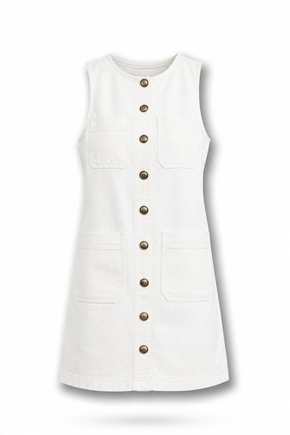 Ekru Denim Mini Elbise 37485