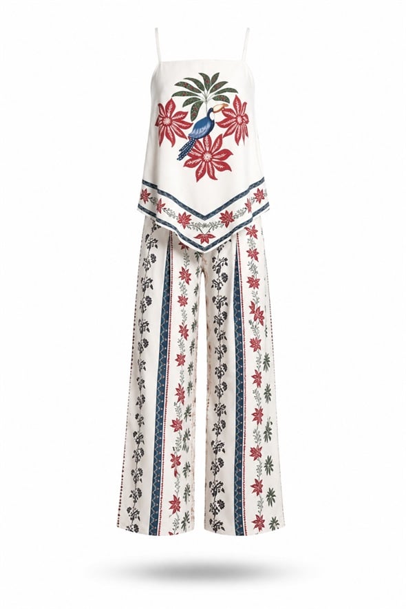 Ekru Desenli Bluz Pantolon Takım 9005
