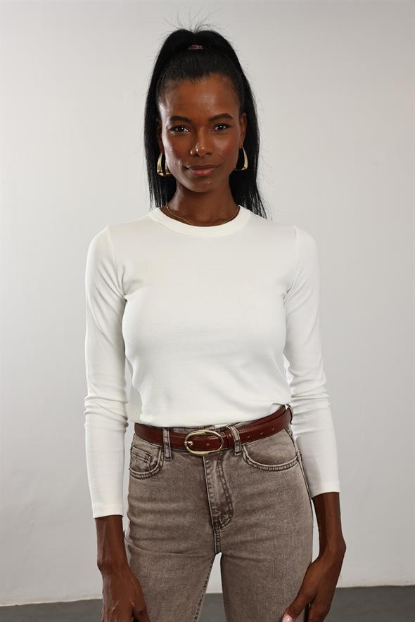 Ekru Fit Basic Uzun Kol Tişört 