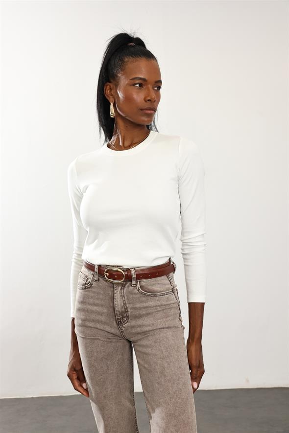 Ekru Fit Basic Uzun Kol Tişört 