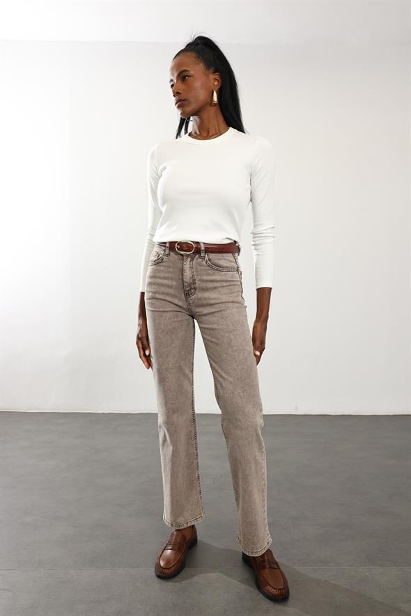 Ekru Fit Basic Uzun Kol Tişört 