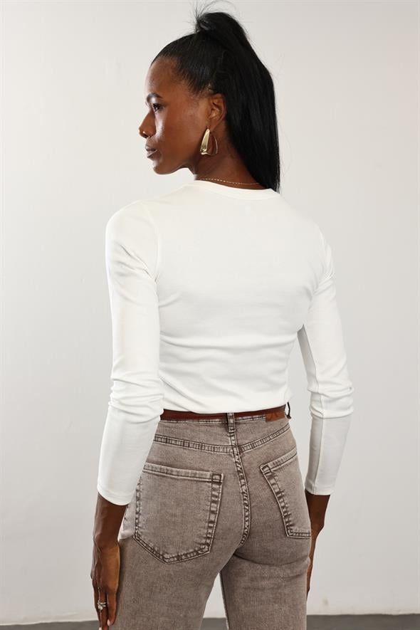 Ekru Fit Basic Uzun Kol Tişört 