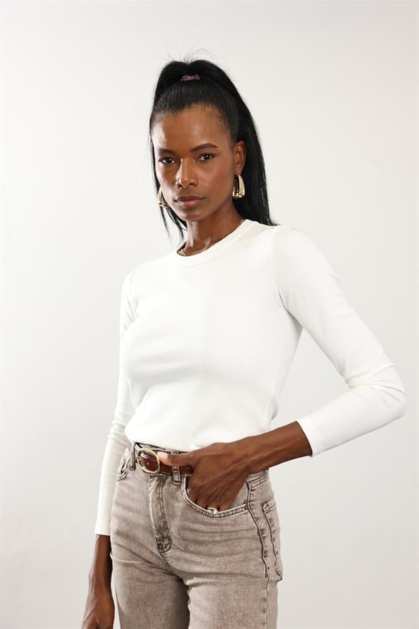 Ekru Fit Basic Uzun Kol Tişört 