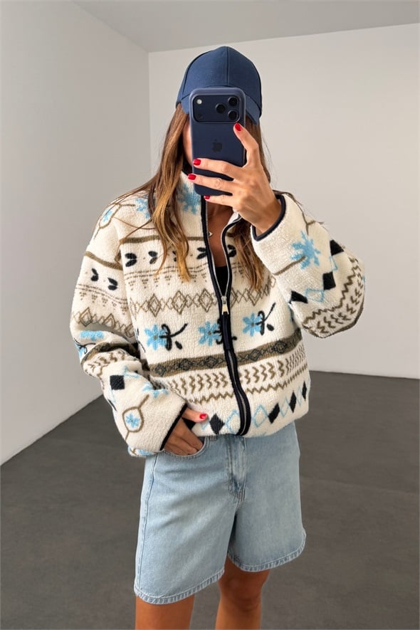 Ekru Geometrik Desenli Polar Ceket 22888