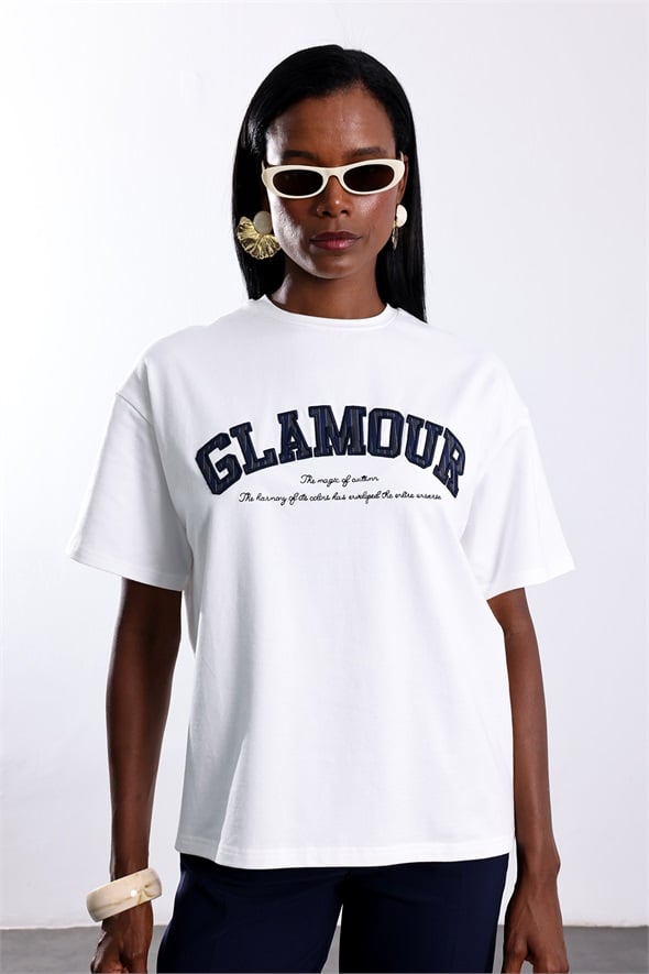 Ekru Glamour Baskılı Tişört 02530