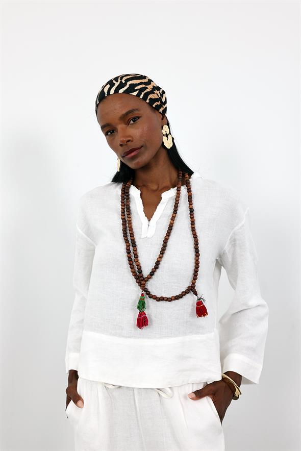 Ekru Hakim Yaka Keten Gömlek 