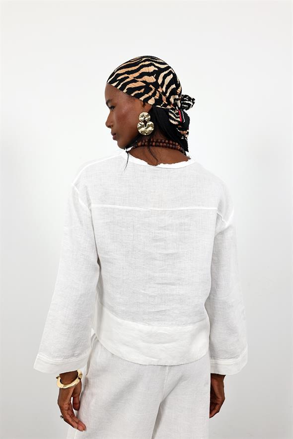 Ekru Hakim Yaka Keten Gömlek 