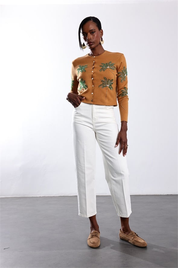 Ekru Kemerli Baggy Jean 3010