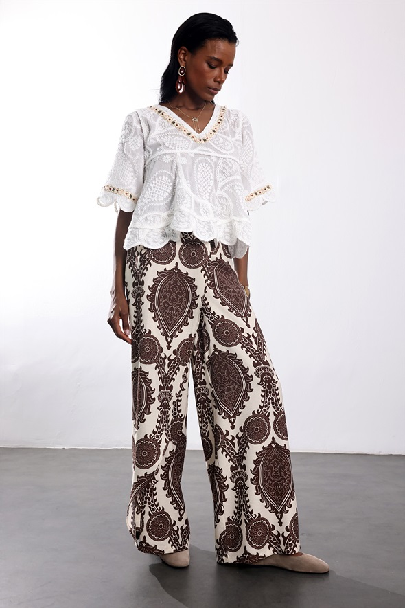 Ekru Kemerli Boncuk İşlemeli Bluz 39224