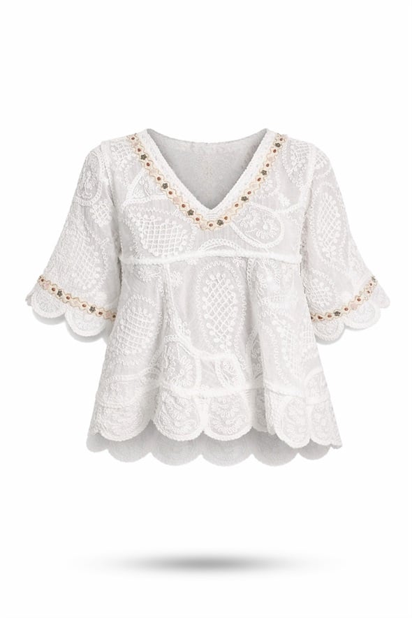 Ekru Kemerli Boncuk İşlemeli Bluz 39224