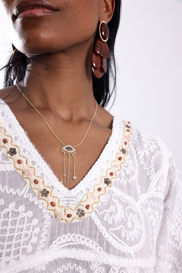 Ekru Kemerli Boncuk İşlemeli Bluz 39224