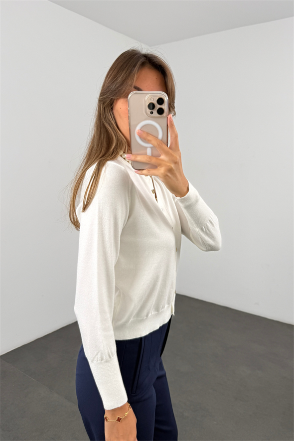 Ekru Kemik Düğmeli Lyocell İplik Hırka 