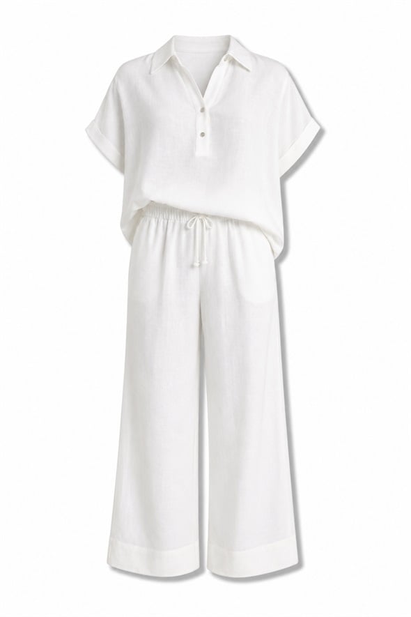 Ekru Keten Karışımlı Bluz Pantolon Takım 00547