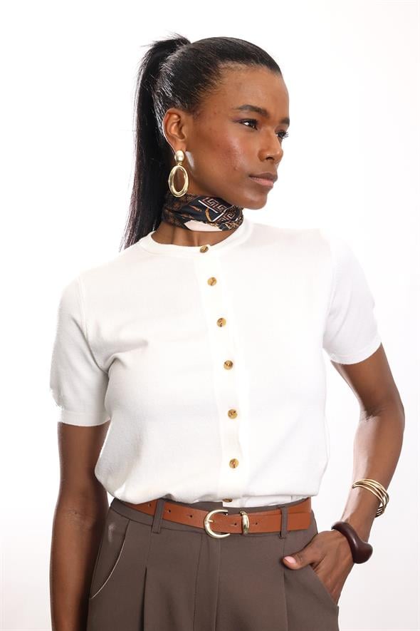 Ekru Kısa Kollu Triko Hırka 