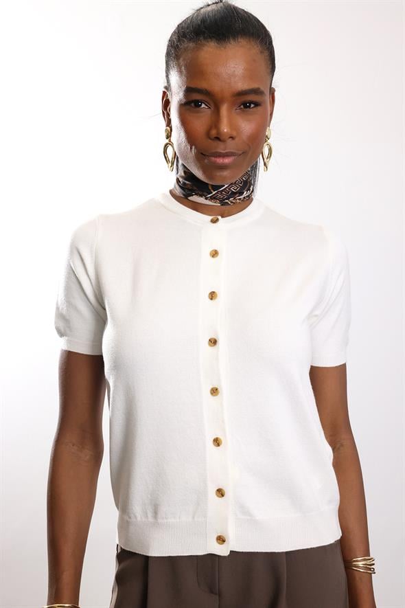 Ekru Kısa Kollu Triko Hırka 