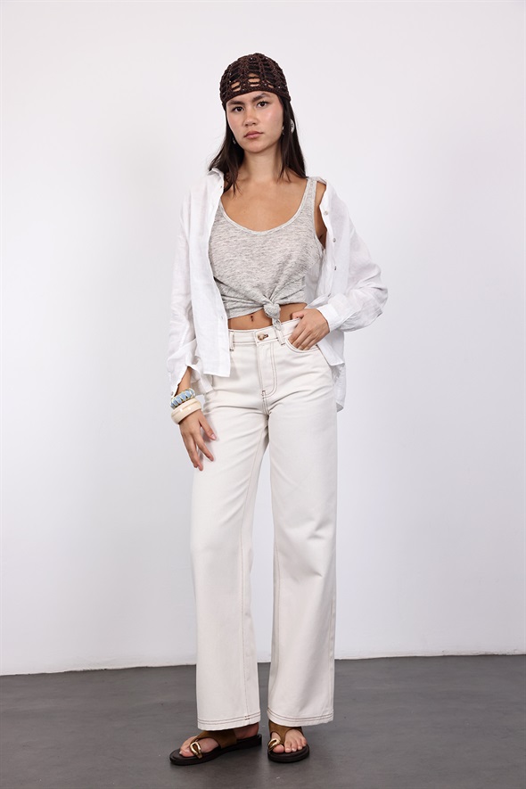 Ekru Kontrast Dikişli Straight Jean 