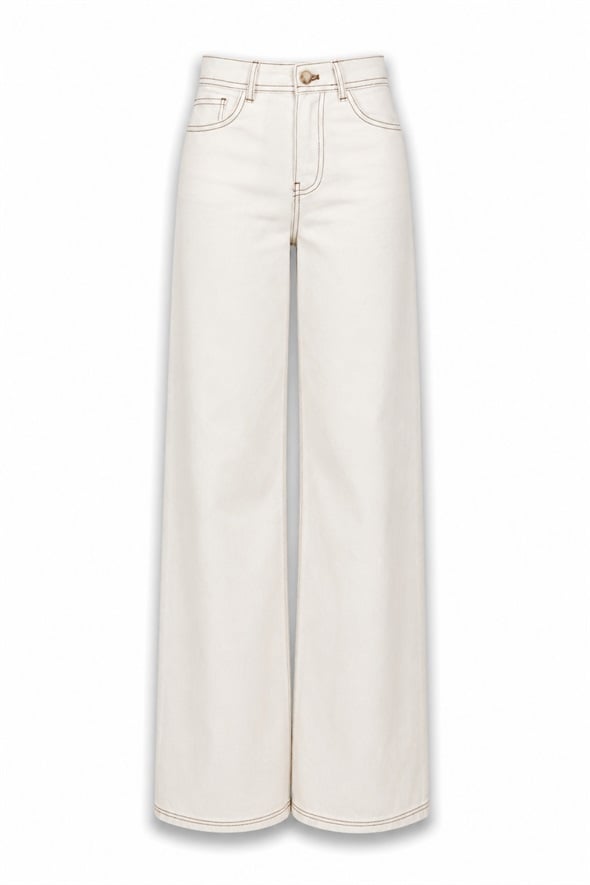 Ekru Kontrast Dikişli Straight Jean 