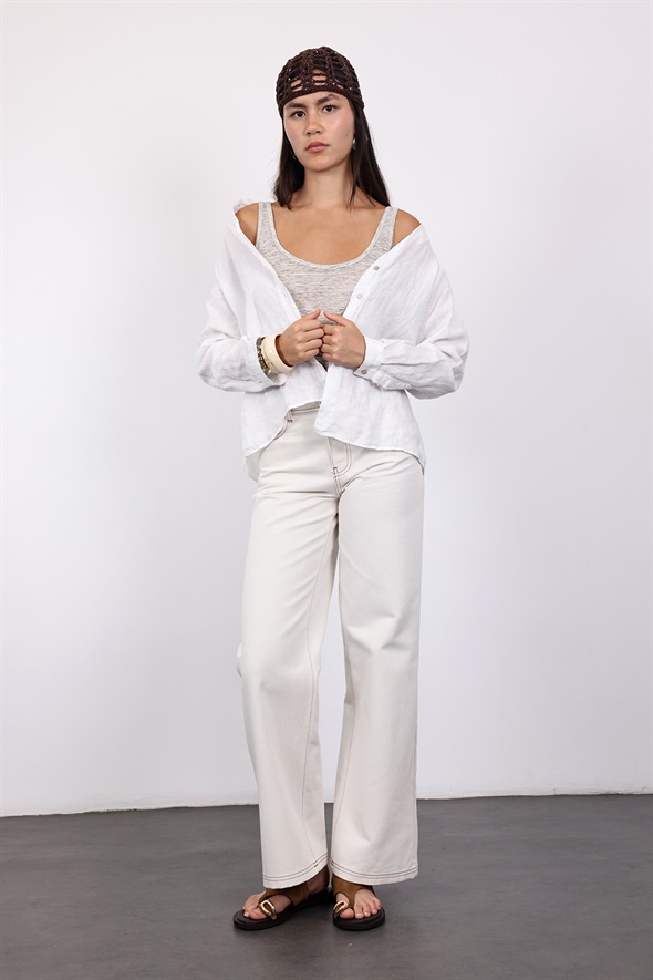 Ekru Kontrast Dikişli Straight Jean 
