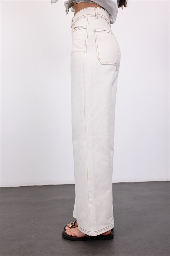 Ekru Kontrast Dikişli Straight Jean 