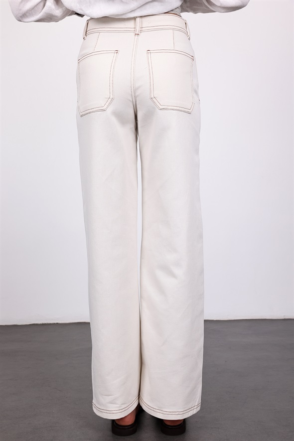 Ekru Kontrast Dikişli Straight Jean 