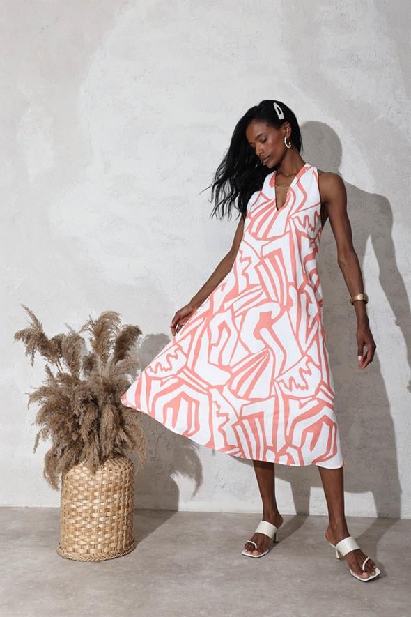 Ekru Maxi Boy Keten Elbise 