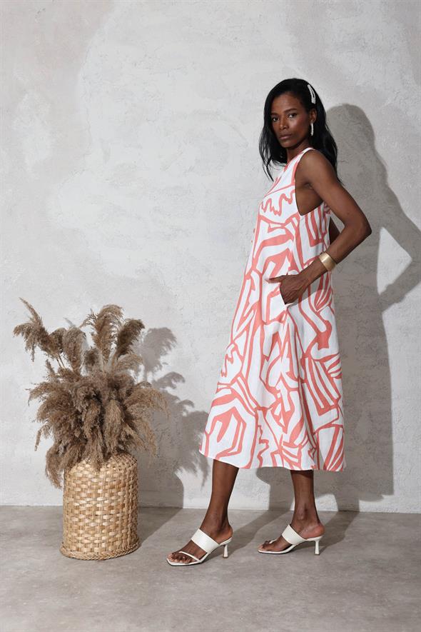 Ekru Maxi Boy Keten Elbise 