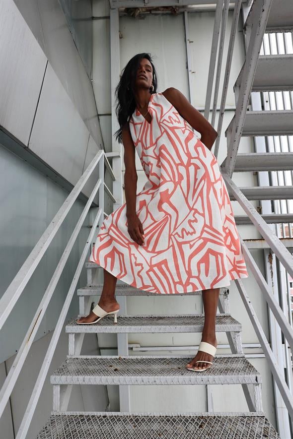 Ekru Maxi Boy Keten Elbise 