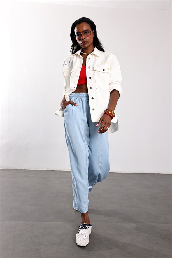 Ekru Nakış Detaylı Oversize Denim Ceket 