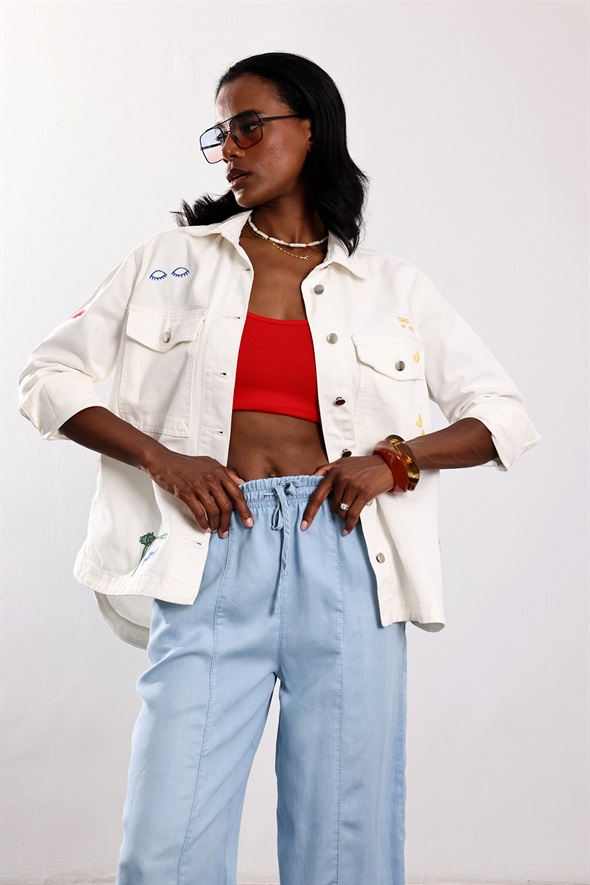 Ekru Nakış Detaylı Oversize Denim Ceket 