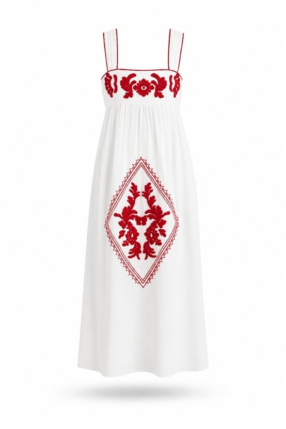 Ekru Nakışlı Midi Boy Elbise 18605