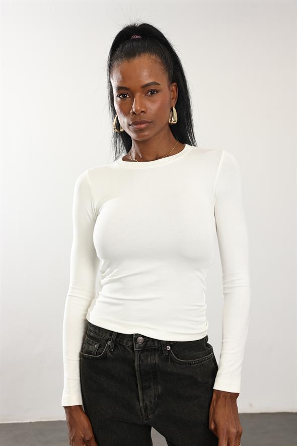 Ekru Soft Touch Bambu Uzun Kol Tişört 